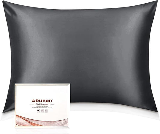 Adubor 100% Silk Pillowcase - Mulberry Silk Pillow Cases, 22 Momme 6A Grade Fibers, Silk Pillow Case for Hair and Skin Health, with Hidden Zipper (Standard 20''×26'', Space Gray, 1PC)