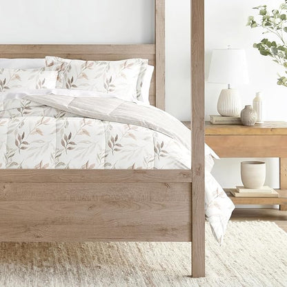 LINENS & HUTCH Comforter Set Patterned Microfiber All Season Down-Alternative Ultra Soft Bedding in Foliage Stripe - King/Cal-King Foliage Stripe Ivory