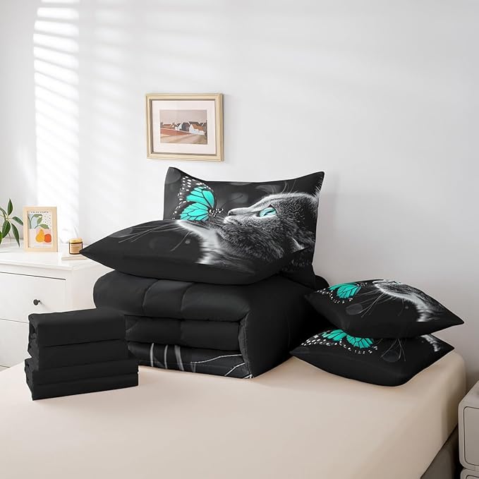 Feelyou Cute Cat Comforter Set 7 Pieces King Size Butterfly Bedding Set for Boys Girls Kawaii Pet Kitten Bed in a Bag with Comforter, Sheets, Pillowcases & Cushion Covers