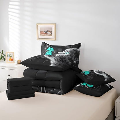 Feelyou Cute Cat Comforter Set 7 Pieces Full Size Butterfly Bedding Set for Boys Girls Kawaii Pet Kitten Bed in a Bag with Comforter, Sheets, Pillowcases & Cushion Covers
