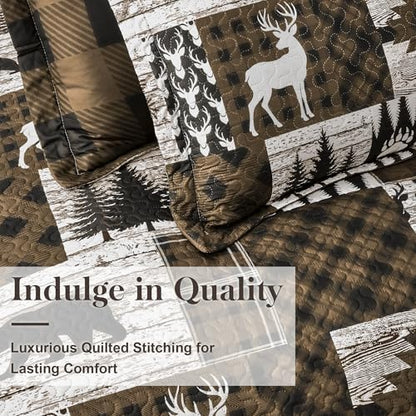 3 Piece Cabin Full/Queen Quilt Sets Farmhouse Rustic Reversible Microfiber Soft Lightweight Bedspread Coverlet with 2 Shams Patchwork Country Lodge Bedding Quilts Set for All Season, 90''x96'', Brown
