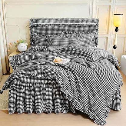 LifeTB Black Gingham Comforter Set King Ruffle Checkered Plaid Comforter Set 3 Pieces Boho Grid Bed Comforter with 2 Pillowcases Fluffy Soft Vintage Checkered Lightweight Gingham Bedding Set King