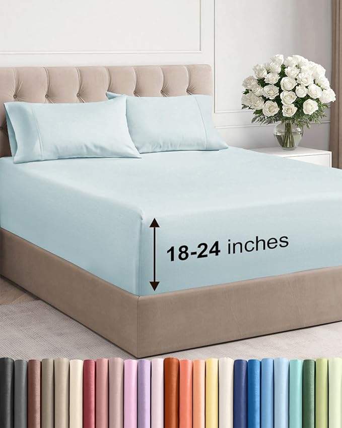Extra Deep Twin XL Sheet Set - 4 Piece Breathable and Cooling Sheets - Hotel Luxury Bedding for Women, Men, Kids & Teens - Easy Secure Fit - Soft, Wrinkle Free & Comfy - Extra Deep Pockets - Ice Blue
