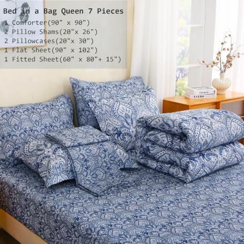 lasoftan Floral Queen Comforter Set with Sheets, 7 piece Luxury Vintage Bedding, Soft Microfiber Bed in a Bag, Cozy Lightweight Bed Set, Blue Paisley