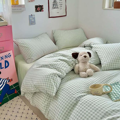 Nayoroom Green Gingham Duvet Cover Twin Size Plaid Dorm Bedding Set 2 Pieces Grid Checkered Duvet Cover with 1 Pillowcase, Soft Breathable Washed Microfiber