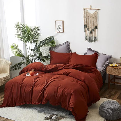 CLOTHKNOW Burnt Orange Queen Comforter Set Ruffle Bedding Sets Soft Shabby Chic Comforter Vintage Rustic Soft with 2 x Pillowcases