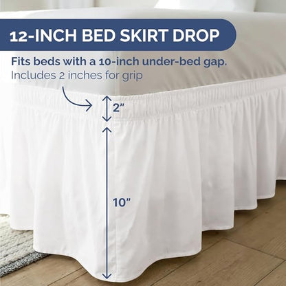 Wrap Around Dust Ruffle Bed Skirt - Antique White - for Queen Size Beds w/ 12 Inch Drop - Easy Fit Elastic Strap - Adjustable Pleated Bedskirt w/Brushed Fabric, Wrinkle Free Women, Men, Kids & Teens