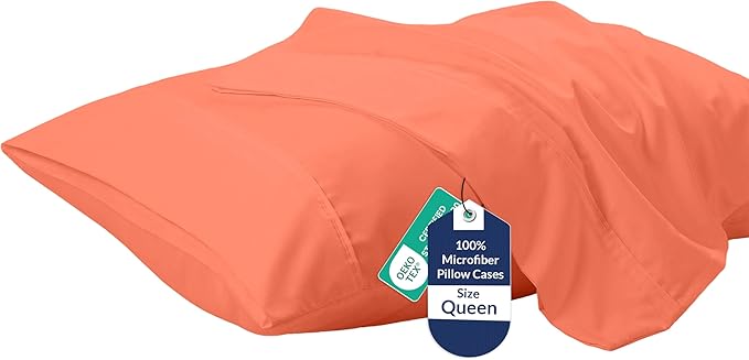Royale Linens Queen Pillowcase Set of 2 - Bed Pillow Cover - 20" x 30" - Coral Pillowcases - 1800 Brushed Microfiber, Wrinkle & Fade Resistant - Soft & Cozy- Queen Size Pillow Case (Coral)