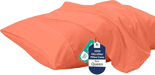 Royale Linens Queen Pillowcase Set of 2 - Bed Pillow Cover - 20" x 30" - Coral Pillowcases - 1800 Brushed Microfiber, Wrinkle & Fade Resistant - Soft & Cozy- Queen Size Pillow Case (Coral)