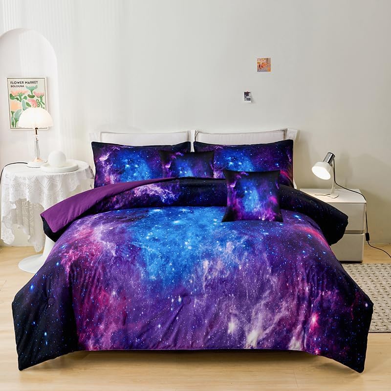 Galaxy Comforter Sets Twin 7PCS,Purple Comforter Set,Girls Bed Sets,Bed in a Bag with Flat Sheet and Fitted Sheet,Pillowcases,Cushion Covers for Girls,Purple Galaxy Twin Bedding Sets