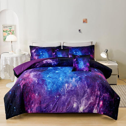 Galaxy Comforter Sets Twin 7PCS,Purple Comforter Set,Girls Bed Sets,Bed in a Bag with Flat Sheet and Fitted Sheet,Pillowcases,Cushion Covers for Girls,Purple Galaxy Twin Bedding Sets