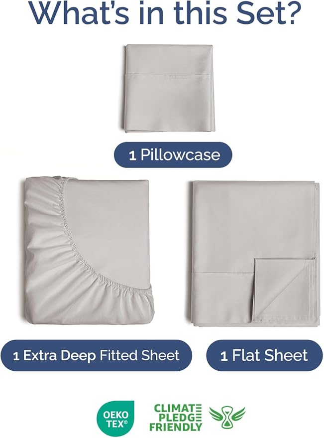 Extra Deep Pocket Twin Size Sheet Set - 3 Piece Breathable & Cooling Bed Sheets - Hotel Luxury Bedding with 16 to 21 inch Extra Deep Pockets - Soft, Fade and Wrinkle Resistant - Oeko-Tex - Light Grey