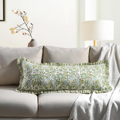 CPC Block Print Agate Green Ruffle Cotton Lumbar Pillow Cover 14x36 inch