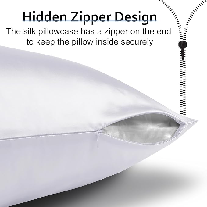Ravmix 100% Silk Pillow Cases with Zipper, 21 Momme Mulberry Silk Pillowcase for Hair Skin Health, Soft Smooth Breathable Cool Pillow Cover for Beauty Sleep(Standard 20"x26", Pure White) 1PC