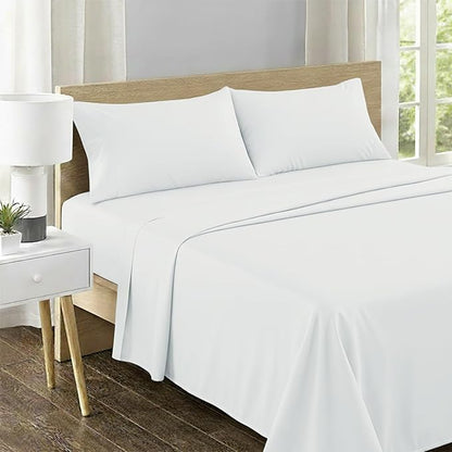 Feather & Stitch 500 TC Full Size Damask Bed Sheet Set, 100% Cotton Soft Breathable Bedsheets, 4 Piece 18" Deep Pockets Sateen Weave Striped Bedding Mattress Resort Hotel Luxury- (Solid White)