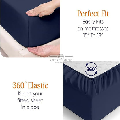 Split Head Flex 2 Qty Fitted Sheet for Adjustable Bed, Cal King 32" Split Down from The Top, 100% Egyptian Cotton 600 Thread Count, 18" Deep Pocket, Super Soft Wrinkle Free, Navy