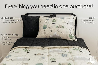 Beddy's Adventure & Wildlife Theme Durable Zipper Bedding for Kids, Bed in a Bag, Cream Comforter & Charcoal Sheets with Outdoor Explorer Design, Includes Pillowcase & Pillow Sham, Easy to Make & Wash