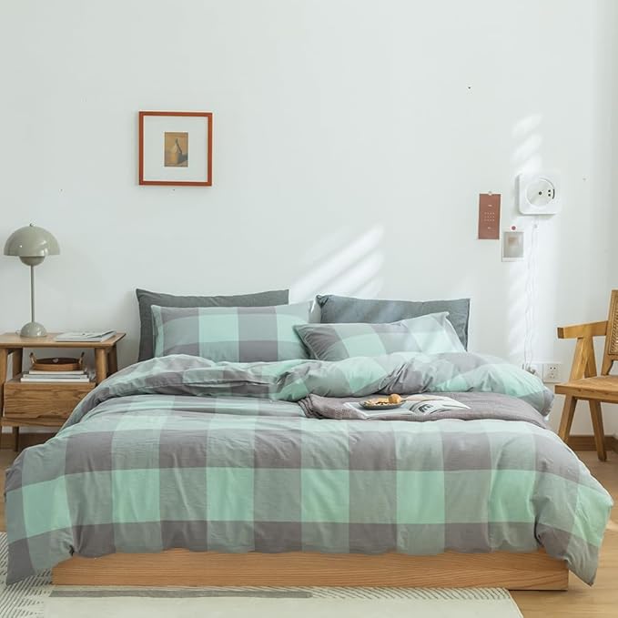 FACE TWO FACE Bedding Duvet Cover Set100% Washed Cotton Duvet Cover Linen Like Textured Breathable Durable Soft Comfy (California King, Light Green Grid)