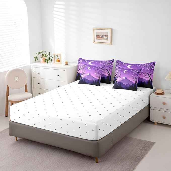 jejeloiu Japanese Purple Bedding Set 7Pcs King Size Kids Mount Fuji Comforter Set with Sheets for Boys Girls Cherry Blossom Bed in a Bag Soft Lightweight,Microfiber