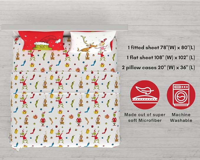 Collectibles Dr. Seuss The Grinch Holiday & Christmas Bedding Super Soft Microfiber 4 Piece King Sheet Set, (Officially Licensed Product) By Franco