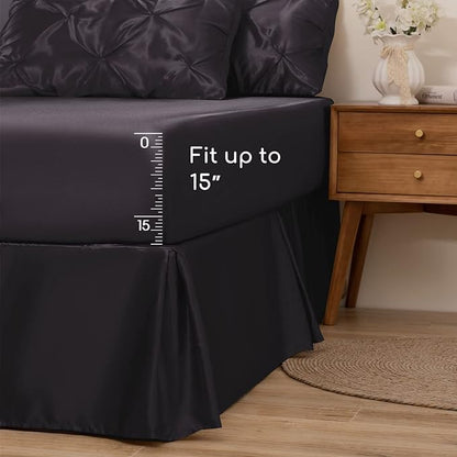 MR&HM Satin Comforter California King 7 Pieces Black - Luxurious Pinch Pleat Bedding Set with Comforter, Flat Sheet, Fitted Sheet, Pillowcases & Shams, Super Silky Soft Bed Set for All Season