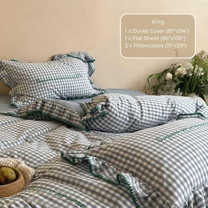 CRUSHIMO Morning Mist Gingham Washed Cotton Duvet Cover Set - Shabby Chic Gingham Plaid Bedding with Ruffle Trim & Triangle Stitching - Ultra Soft Breathable Comforter Cover (Sea Salt Blue, King)