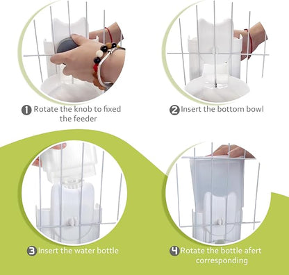 Hanging Cage Automatic Small Pet Food Bowl Water Bottle Dispenser, 1L Auto Gravity Pet Feeder and Waterer Set Kennel Feeding Station Crate Feeder Dish for Rabbit Puppy Cats Ferret (Grey)