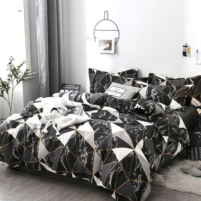 CLOTHKNOW Black White Marble Queen Comforter Set 3Pcs Triangle Bedding Sets Soft Geometric Comforter with 2 x Pillow Cases
