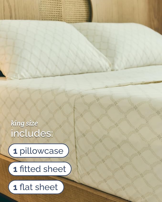 Floral Sheets - Neutral Floral Bed Sheet Set - 1 Flat & 1 Fitted & 2 Pillowcases w/ Deep Pockets - Comfy, Wrinkle & Fade Free Boho Botanical Bedding - Ultra-Soft, Breathable & Cooling - King Size