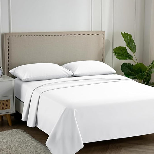 Carressa Linen 100% Egyptian Cotton Queen Sheet Set - 600 Thread Count Egyptian Cotton Queen Sheets Set (4 PC, Crisp White), Ultra Soft, Cooling, 16" Deep Pocket Sateen Weave Luxury Hotel Bed Sheet