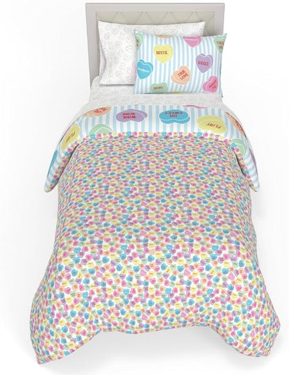 Sweethearts Original Candy Hearts Bedding 5 Piece Twin Bed Set, Soft Cozy Nostalgia Reversible Comforter and Sheet Set with Sham, Officially Licensed Product by Franco