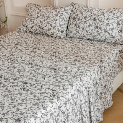 FADFAY 100% Cotton Queen Sheet Set, Ivory Black Paisley Floral Bed Sheets