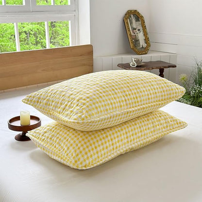 Yellow Gingham King Quilt Set, Soft Pre-washed Microfiber Yellow Plaid King Bedspread, Lightweight Checked Summer Quilt, Grid Bedding Coverlets for All Seasons (Includes 1 Quilt, 2 Pillow Shams)