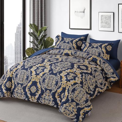 WONGS BEDDING Blue Gold Comforter Set Queen Size,Damask Texture 7 Pieces Bed in a Bag Microfiber Comforter Bedding Sets -1 Comforter, 1 Flat Sheet, 1 Fitted Sheet, 2 Pillow Shams, 2 Pillowcases