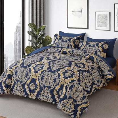 WONGS BEDDING Blue Gold Comforter Set Queen Size,Damask Texture 7 Pieces Bed in a Bag Microfiber Comforter Bedding Sets -1 Comforter, 1 Flat Sheet, 1 Fitted Sheet, 2 Pillow Shams, 2 Pillowcases
