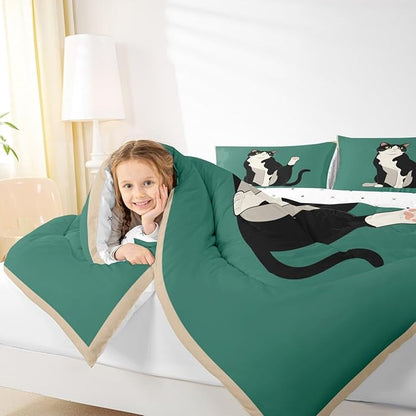 Erosebridal Kitten Quilt Insert Twin Size Cartoon Cat Bedding Set for Kids Boys Girls Retro Kawaii Cute Green Black Comforter Warm Soft Comforter Set