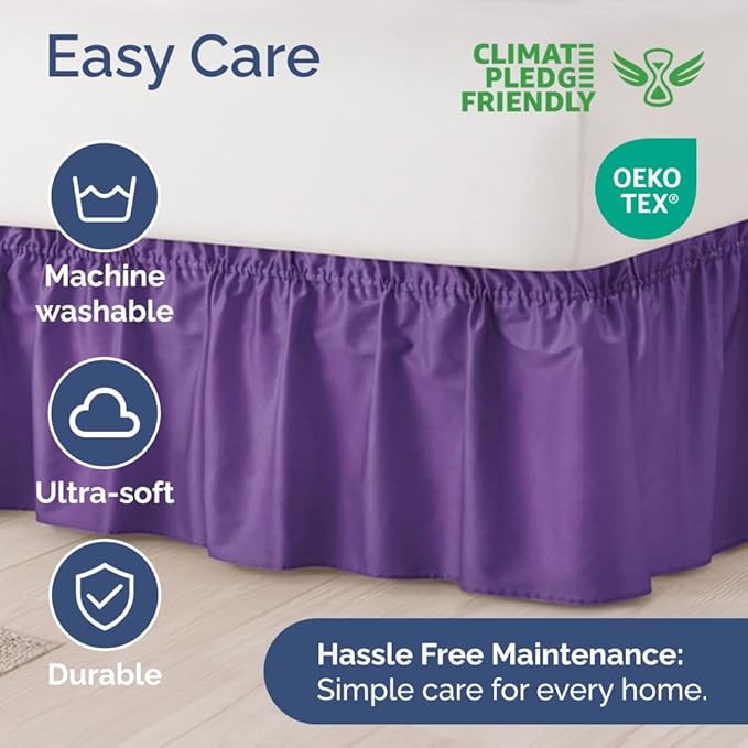 Wrap Around Dust Ruffle Bed Skirt - Purple - Twin/Twin XL Size Beds with 15 Inch Drop - Easy Fit Elastic Strap - Adjustable Pleated Bedskirt w/Brushed Fabric - Wrinkle Free - Women, Men, Kids & Teens