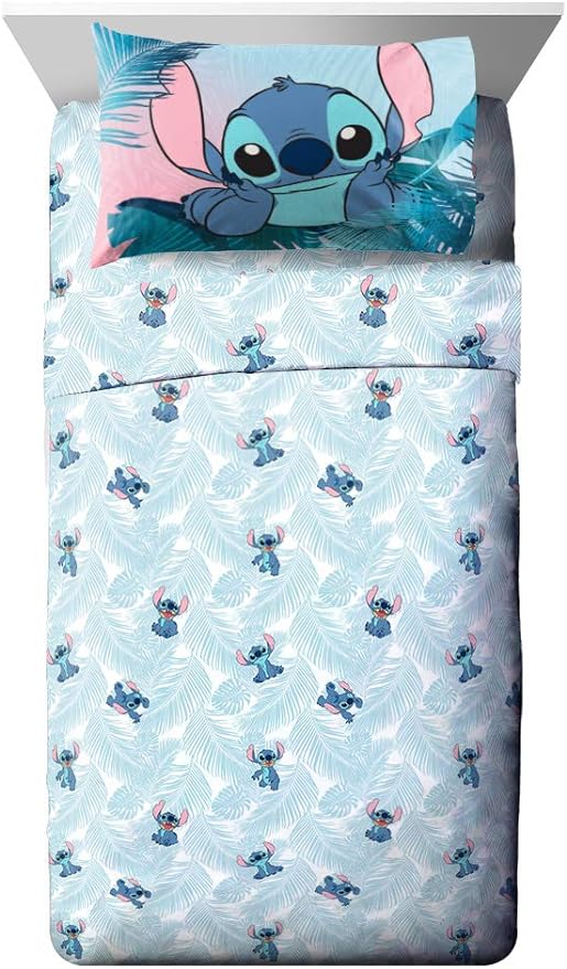 Jay Franco Kids Sheet Set with Fitted, Flat Sheets & Pillow Cover - Ultra-Soft Bedding with Pillowcase for Room Decor, Teal - Lilo & Stitch, 4 Piece Queen