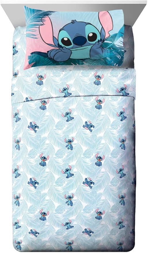 Jay Franco Kids Sheet Set with Fitted, Flat Sheets & Pillow Cover - Ultra-Soft Bedding with Pillowcase for Room Decor, Teal - Lilo & Stitch, 3 Piece Twin