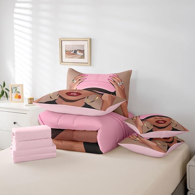 Erosebridal Black Girls Full 7 Piece Bedding Set Fashion Black Woman Comforter Sets For Girls Kids Vogue Fashionable Gorgeous Sheet Set African Princess Magical Bed In A Bag With Flat And Fitted Sheet