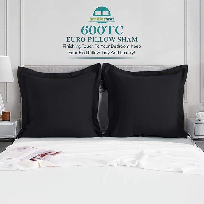 Euro Sham Covers 24x24 Set of 2 Black 600 Thread Count 100% Egyptian Cotton Pack of 2 Euro 24x24 Pillow Covers Cushion Cover Cases Soft Skin Friendly European Size Decorative Square Pillow Shams