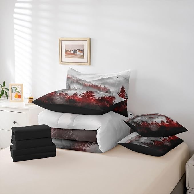 Erosebridal Foggy Mountain Twin Bed in A Bag 7 Piece Green Forest Pine Tree Comforter Set with Sheets Nature Misty Woodland Bedding Sets for Kids Adults,Flying Bird Bed Set