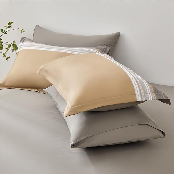 7 Piece Bed in a Bag Stripe Comforter Set Queen Size, White Grey Khaki Patchwork Striped Comforter and Sheet Set, All Season Soft Microfiber Complete Bedding Set(Khaki,Queen)