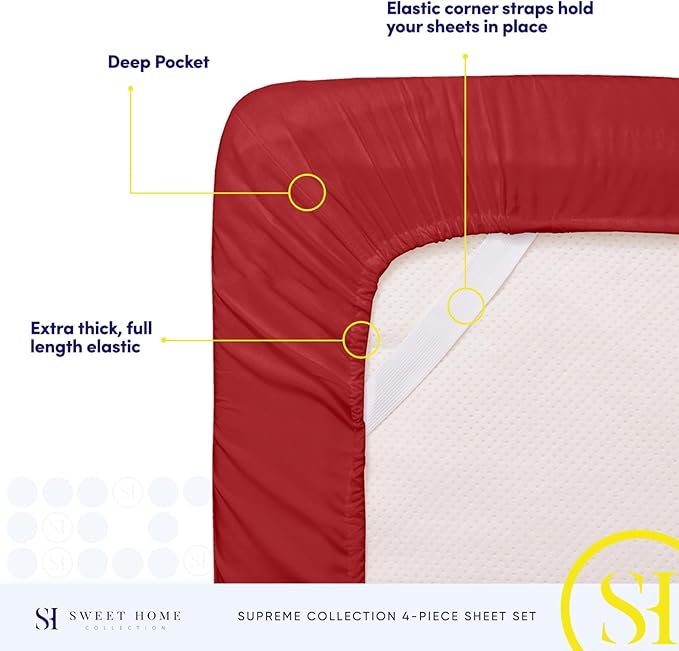Split King Sheets - Breathable Luxury Sheets with Full Elastic & Secure Corner Straps Built In - 1800 Supreme Collection Extra Soft Deep Pocket Bedding Set, Sheet Set, Split King Size, Red