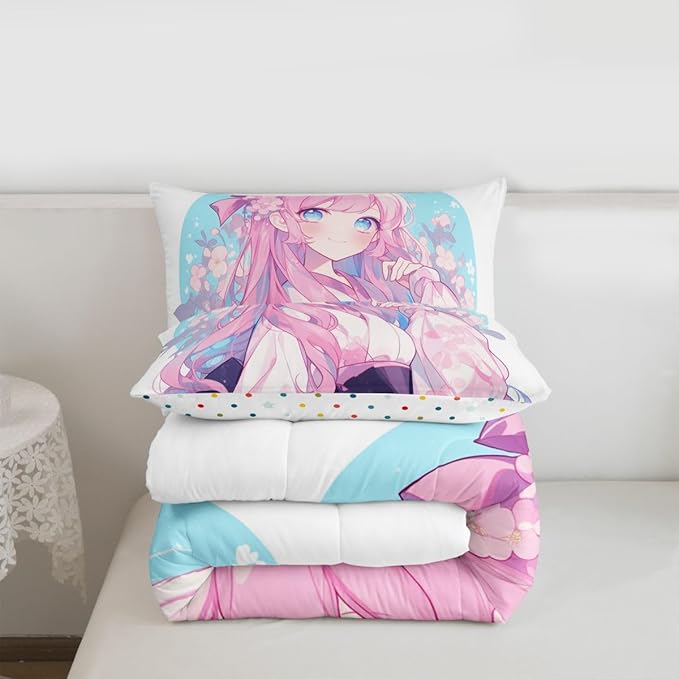 Erosebridal Girls Bedding Japanese Style Comforter Set Twin, 3D Anime Girl Duvet Insert Cartoon Kawaii Kimono Girl Bedding Comforter Sets Romantic Gifts for Her