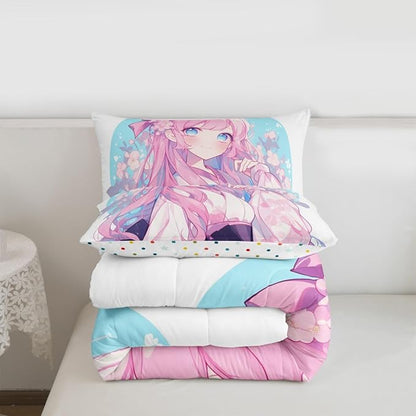 Erosebridal Girls Bedding Japanese Style Comforter Set Full, 3D Anime Girl Duvet Insert Cartoon Kawaii Kimono Girl Bedding Comforter Sets Romantic Gifts for Her