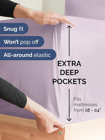 Extra Deep Split King Sheet Set - 7 Piece Breathable and Cooling Sheets - Hotel Luxury Bedding for Women, Men, Kids & Teens - Secure Fit - Soft and Wrinkle Free - Extra Deep Pockets - Light Lavender