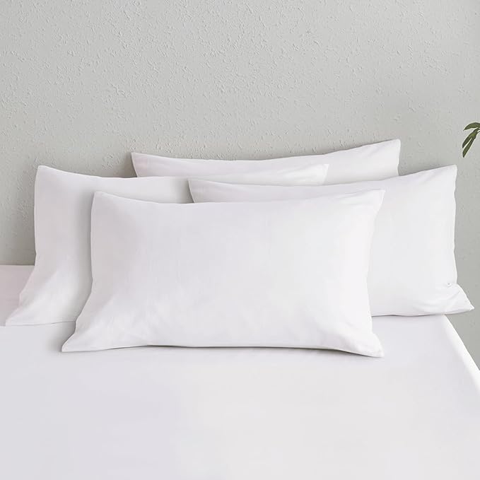 MooMee Bedding Pillowcases Pack of 4 100% Washed Cotton Linen Like Textured Breathable Durable Soft Comfy (Solid Bright White, Queen)