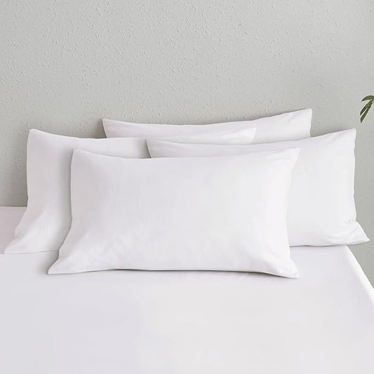 MooMee Bedding Pillowcases Pack of 4 100% Washed Cotton Linen Like Textured Breathable Durable Soft Comfy (Solid Bright White, Queen)