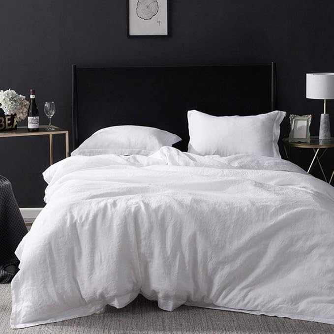 Simple&Opulence 100% French Flax Linen Duvet Cover Set with Embroidery Washed - 3 Pieces (1 Duvet Cover with 2 Pillow Shams) with Button Closure Soft Breathable Farmhouse - White, King Size